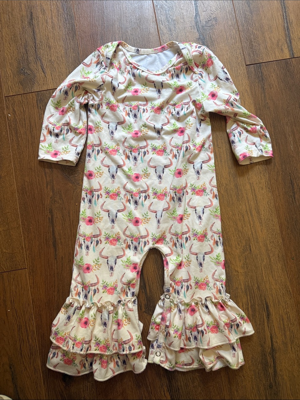 Girls Cream Floral & Bull Skull Ruffle Romper